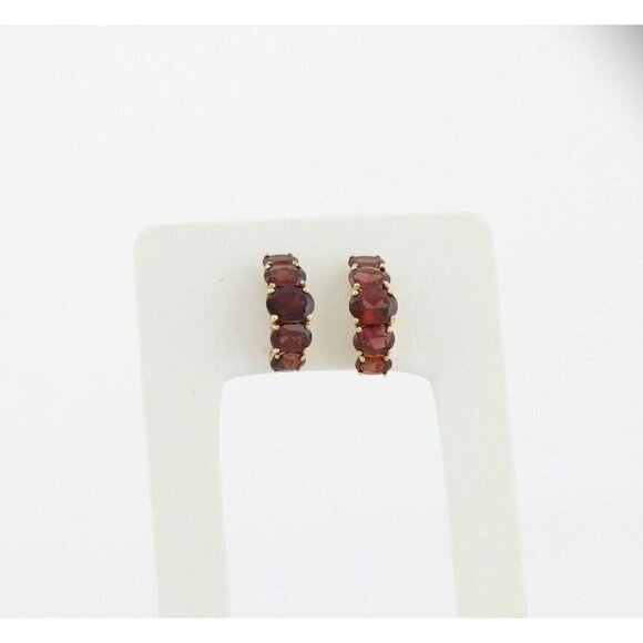 10k Yellow Gold Natural Garnet Earrings Half Hoop Earrings - Picture 4 of 7
